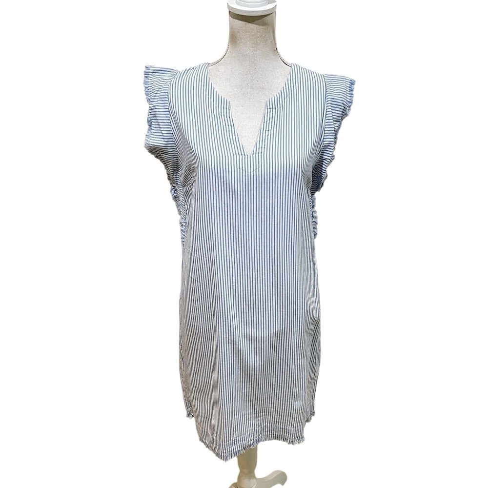 Elan White & Blue stripe split neck Mini Dress cap sleeve fringe hems sz medium